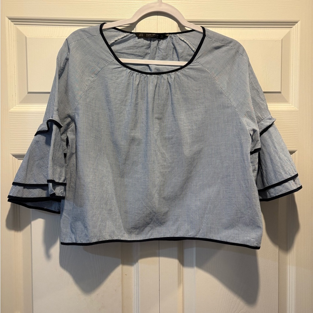 Zara women’s basic blue striped tiered flare sleeve blouse top size medium - Picture 4 of 10